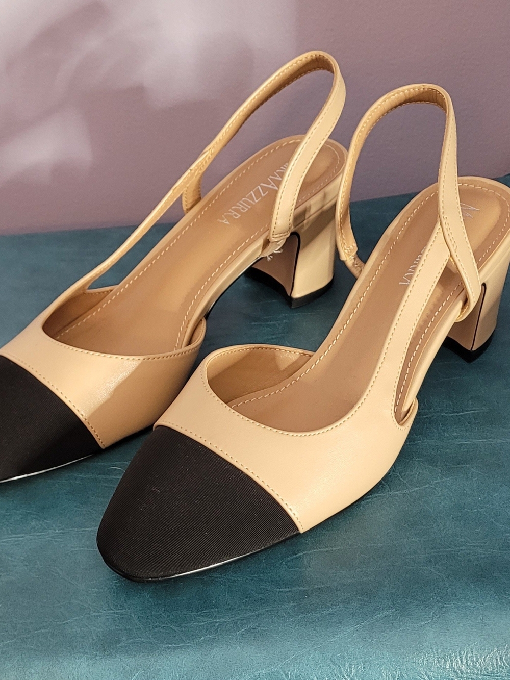 Neutral Beige and Black Slingback Block Heel Pumps